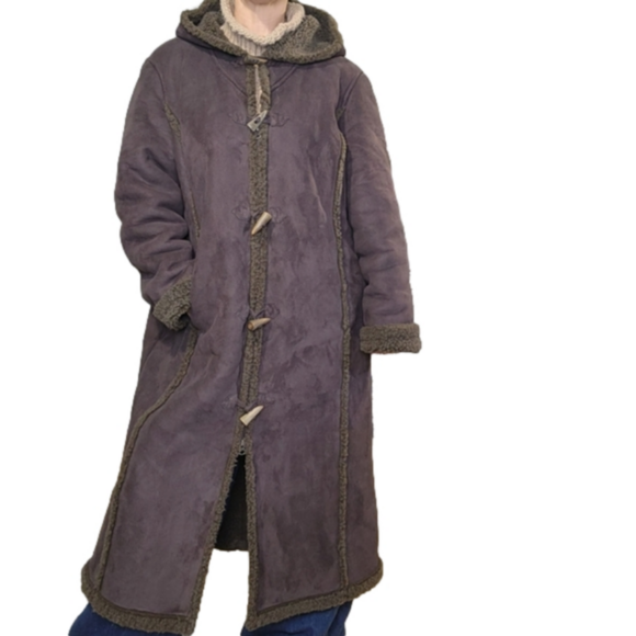 L.L. Bean Jackets & Blazers - SIZE XL Long Coat Hooded Vegan Shearling Suede Brown Sherpa L.L.BEAN